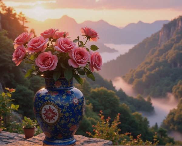 Vibrant Pink Roses in Ornate Blue Vase with Landscape