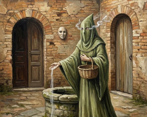 Cloaked Figure with Glowing Eyes in Stormy Setting