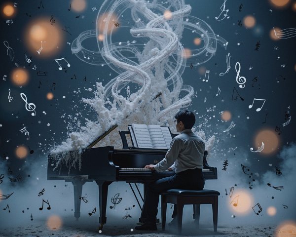 Pianist Performing Amidst Enchanting Musical Atmosphere