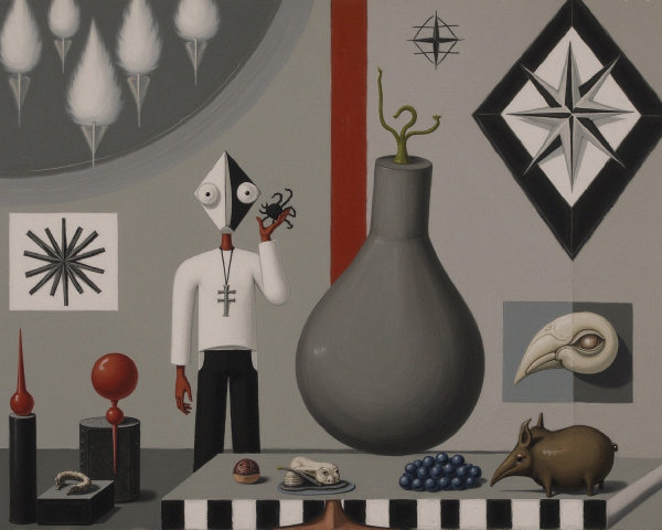 Surreal Still Life with Geometric Head and Abstract Objects