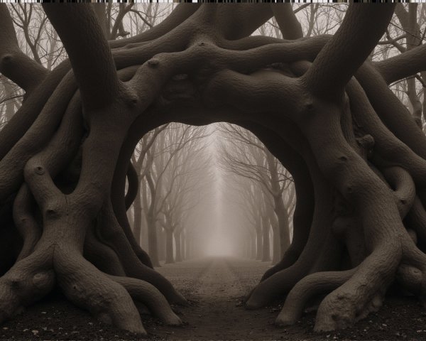 Foggy Pathway Framed by Gnarled Tree Archway