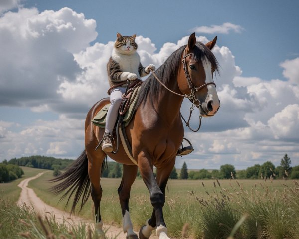 Confident Cat on Horse in Scenic Landscape