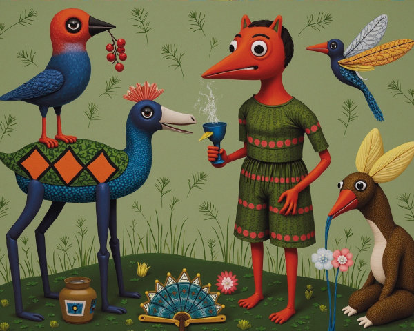 Whimsical Landscape with Colorful Animal Figures