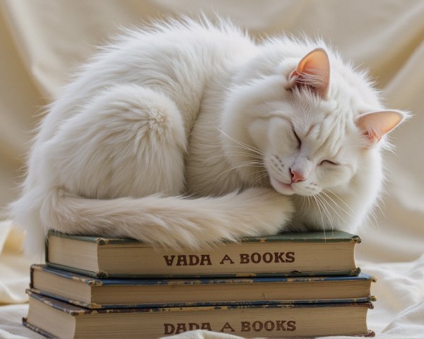 Fluffy White Cat Resting on Vintage Books Stack