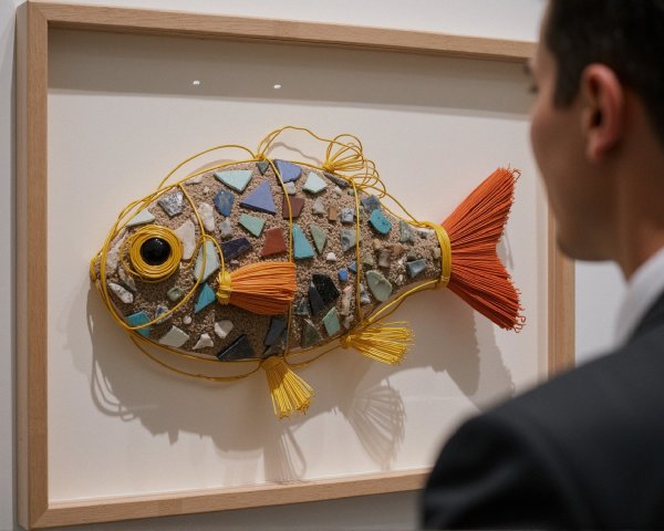 Colorful Fish Sculpture with Mosaic and Fabric Elements