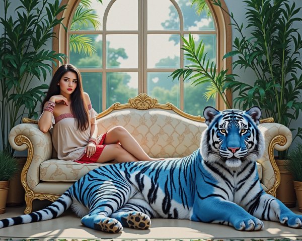 Elegant Room with Woman and Blue-Striped Tiger