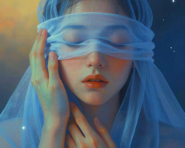 Close-up portrait of a serene young woman in blue fabric