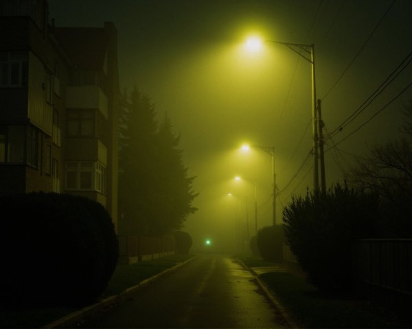 Deserted Street in Fog with Eerie Yellow Streetlights