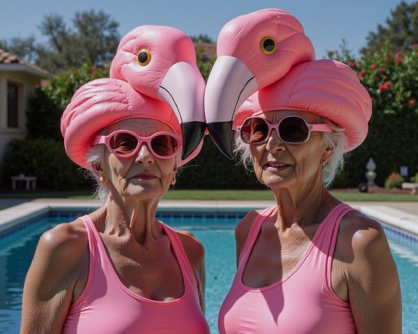 Elderly Women in Pink Swimsuits by Poolside