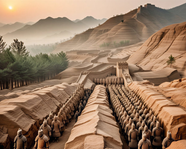 Terracotta Army with Mountains and Sunset Backdrop