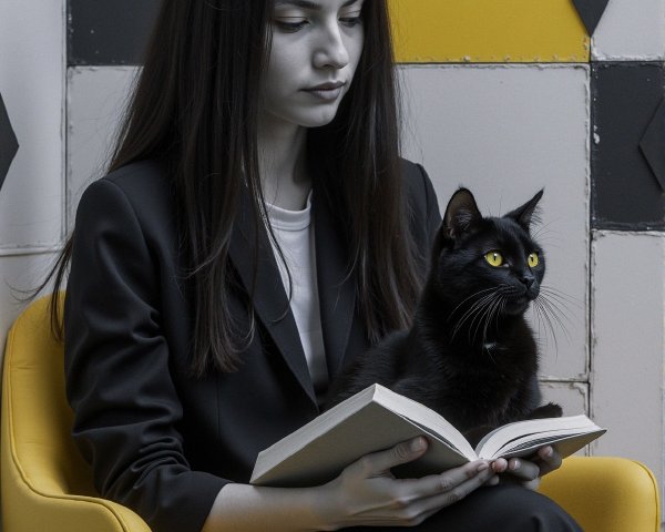 Young woman in black suit reading with black cat