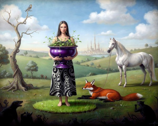 Fairy Tale Artwork of a Woman with a Purple Bowl