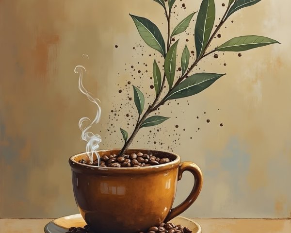Ceramic Cup with Coffee Beans and Leafy Branch Scene