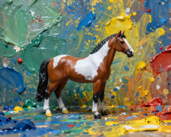 Brown and white toy horse on colorful paint splatters