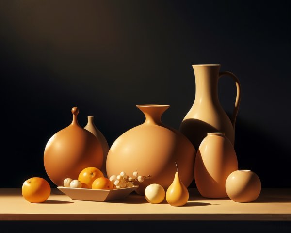 Earthy Ceramic Vases and Fruits in Still Life Scene