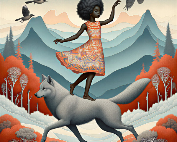 Young girl on white fox with mountains and forests