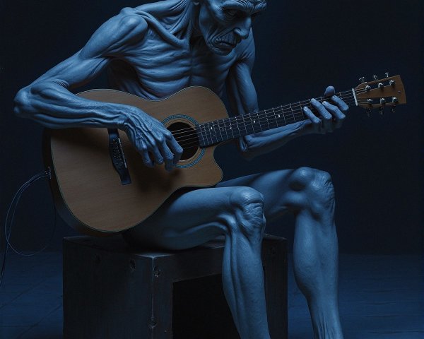 Skeletal Figure Playing Guitar in Dimly Lit Setting