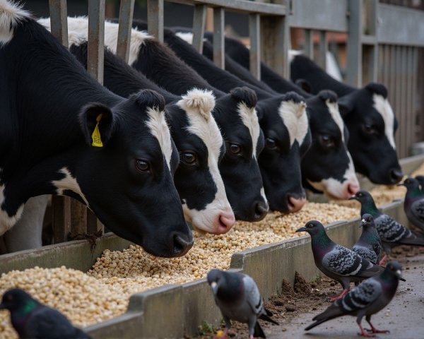 Holstein cows feeding at a trough with pigeons nearby