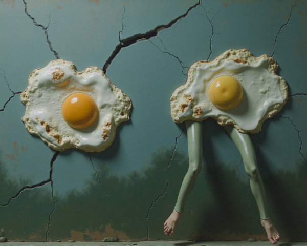 Surreal Fried Eggs on Cracked Wall with Green Legs