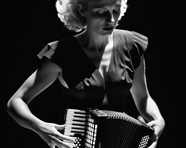 Glamorous Woman in Dark Dress Playing Accordion