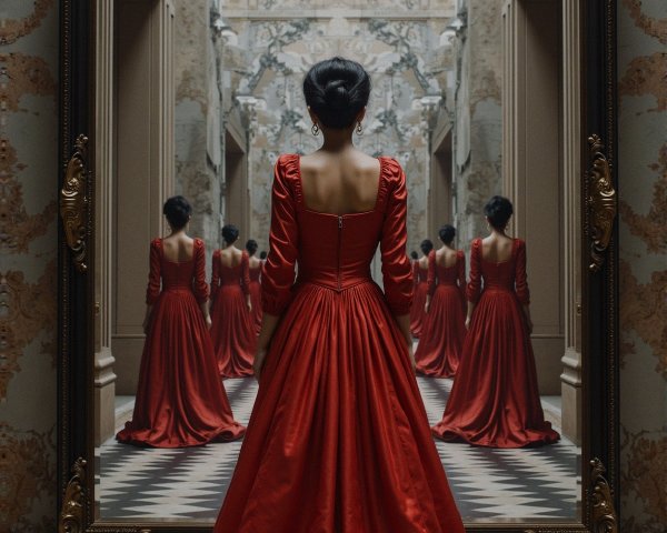 Elegant Figure in Red Gown Among Mirror Reflections