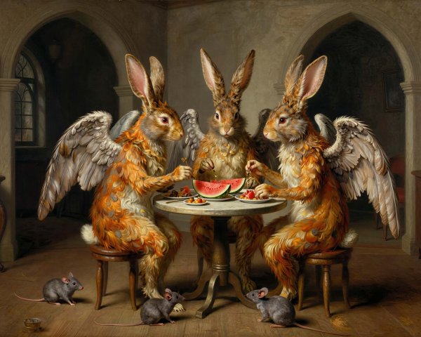 Angelic Rabbits Enjoying Fruit at a Wooden Table
