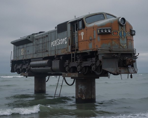 Abandoned Train Engine on Pier in Ocean Waters