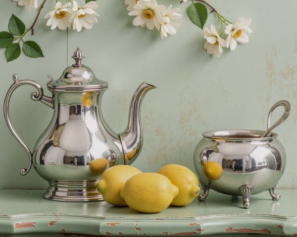 Vintage Silver Teapot and Sugar Bowl on Green Table