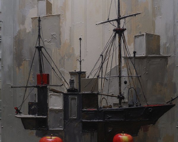 Artistic Ship with Cityscape and Red Apples