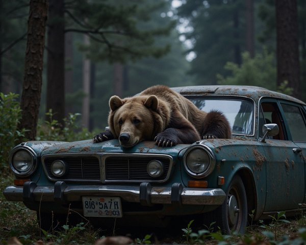 Brown bear on an abandoned car in a forest setting