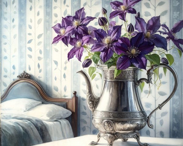 Vintage Silver Teapot with Purple Clematis Flowers