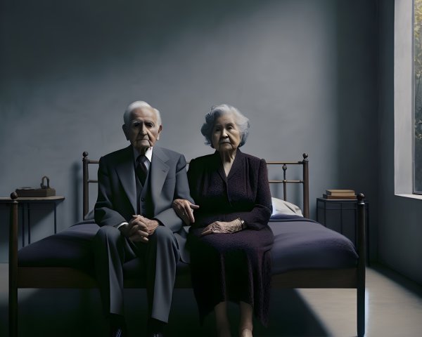 Elderly Couple in Intimate Reflection on Wooden Bed