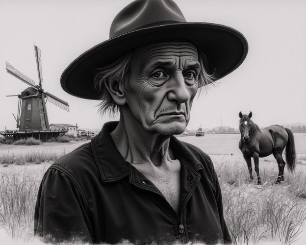 Weathered Man with Horse and Windmill in Landscape