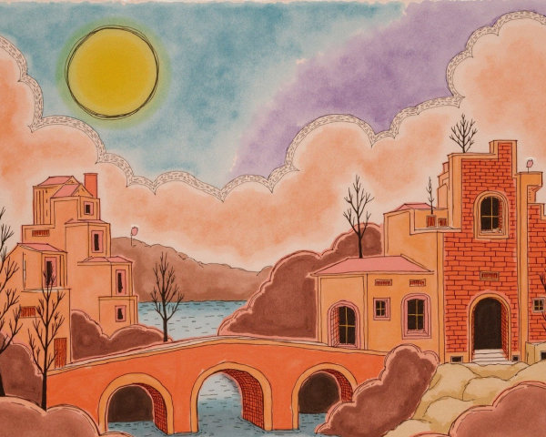 Whimsical Landscape with Colorful Buildings and Bridge
