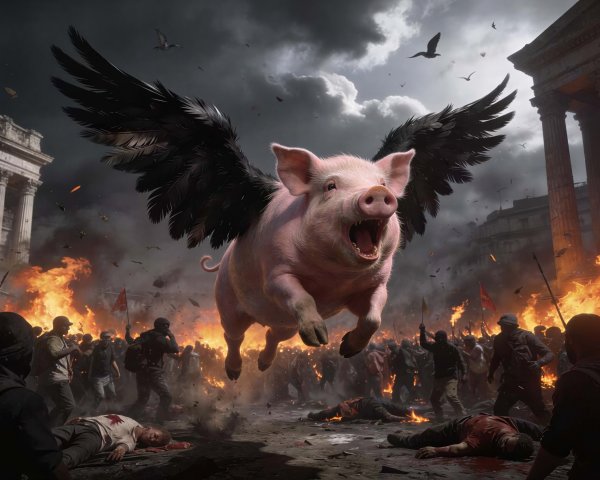 Flying Pink Pig with Wings Over Protest Scene