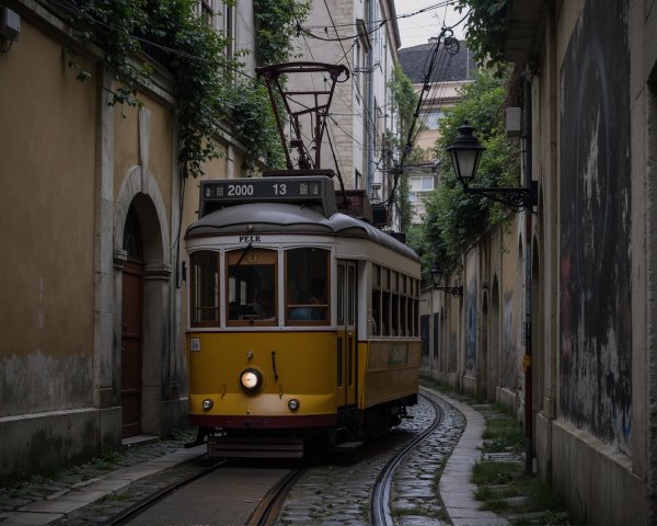 Vintage Yellow Tram on Cobblestone Street Scene