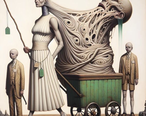Surreal Scene with Tall Woman and Distorted Face