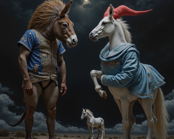 Surreal Scene of Man with Horse Head and Unicorns