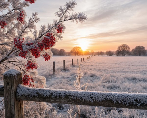 Serene Winter Landscape at Sunrise with Frost and Berries