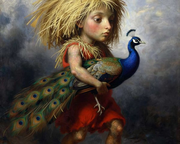 Oil Painting of a Child with Peacock and Torn Tunic