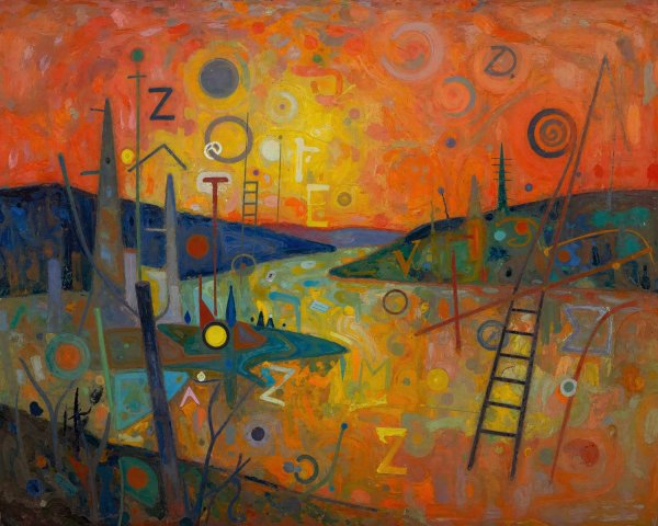 Abstract Landscape with Sunset in Geometric Shapes