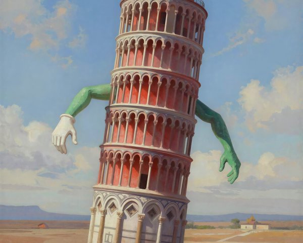 Surrealist depiction of the Leaning Tower of Pisa walking