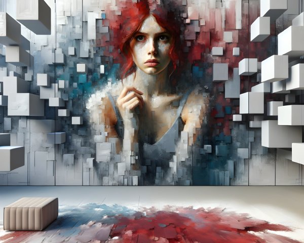 Mural of a Woman with Red Hair and Abstract Background