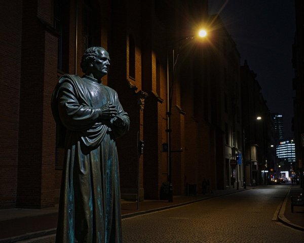 Bronze Statue of Historical Figure in Dimly Lit Street