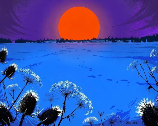 Digital Illustration of Sunset Over Winter Landscape