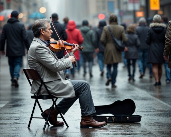 Violinist Performs Soulful Music on Rainy City Street