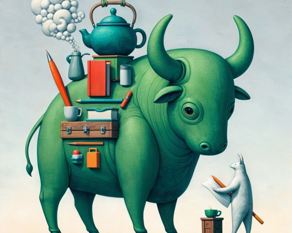Vibrant Green Bull Surrounded by Whimsical Objects