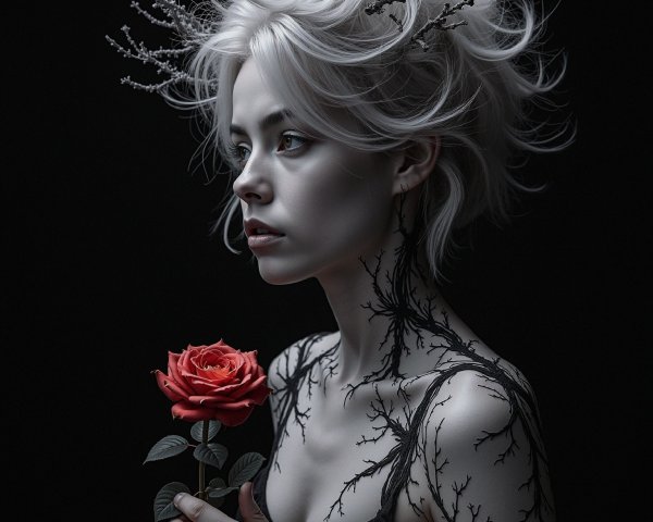 Ethereal Figure with Pale Skin and Vibrant Red Rose