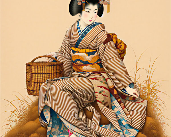 Young Woman in Traditional Japanese Kimono with Basket
