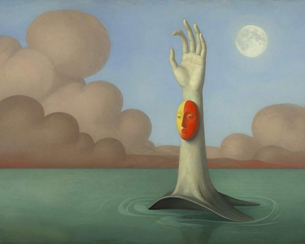 Surreal Painting of Arm Reaching for Moon Over Water